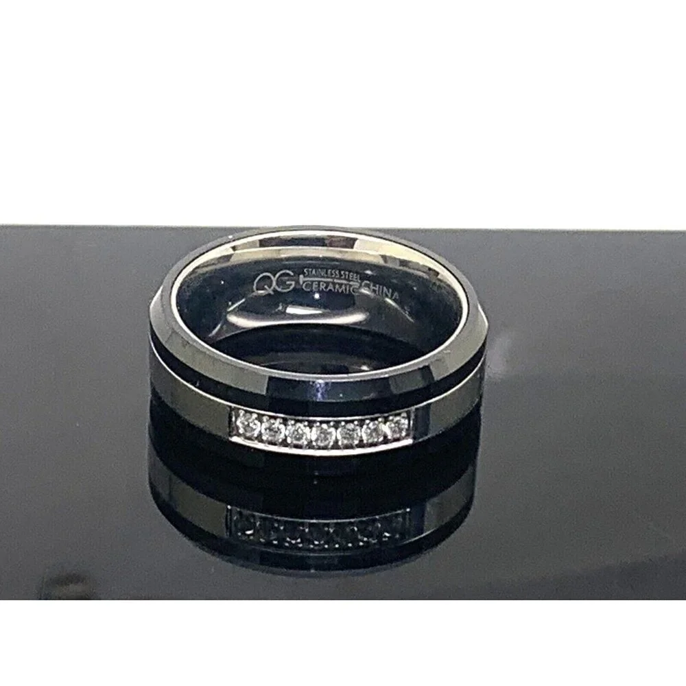 Wedding Band Stainless Steel Ceramic Cubic Zirconia 8mm Unisex Ring Size 9